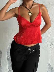 WOWDARK 女士夏季缎面提花V领吊带背心，时尚性感，适合情人节、约会、旅行、度假、海滩等休闲场合。 - 紅色 - 查看 4