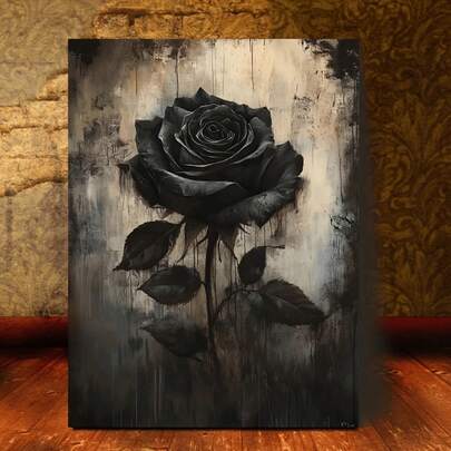 Elegante gótico: 1 Único ramo de rosas negras blancas del Día de San Valentín Obra de arte en lienzo, póster floral clásico negro, decoración de pared, decoración de baño, decoración de dormitorio, decoración de sala de estar, decoración del hogar, accesorios del hogar, decoración de cocina y decoración de oficina - Regalo perfecto para el Día de la Madre, cumpleaños - Sin marco