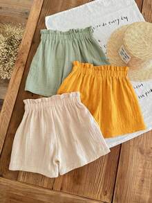 3 件套青少年女童夏季松紧腰纯色短裤，100% 纯棉双层纱布面料，舒适透气，腰部蝴蝶结装饰 - 黃色 - 查看 2