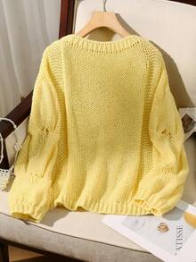 Women's Hollow Round Neck Sleeve Loose Sweater, Knit Pullover Fall Winter,Long Sleeve Tops, Asymmetrical Neck Sweater - Yellow - View 10