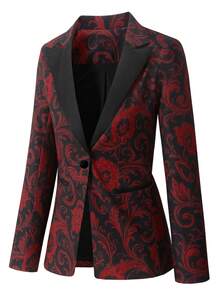 High Quality Elegant Retro Fashion Paisley Pattern Suit Jacket For Women, Satin Stitching Collar, Can Be Worn In All Seasons - Black - View 6