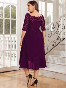 MIUSOL Plus Off Shoulder Floral Lace Half Sleeve Ruffle Hem Prom Party Swing Dress, Autumn Dress, Fall Dress, For Wedding Guest, Graduation, Dinner