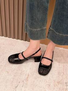 Xin Jing Shoes 秋冬女士编织圆头粗跟穆勒鞋，休闲及办公场合皆宜，优雅玛丽珍鞋款，派对必备 - 黑色 - 查看 6