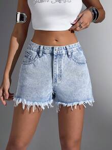 Jeanoix Slant Pocket Casual Raw Hem Denim Shorts - Light Wash - View 1
