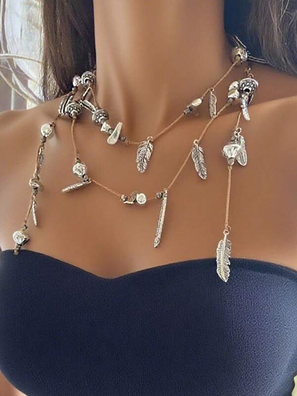 1 pièce Collier pendentif à feuille de plume en métal et corde tressée à la mode, polyvalent pour un port quotidien