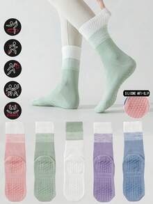 5 Paar Damen Farbverlauf Yoga Pilates Sport Socken, Silikon rutschfeste Tanzsocken, geeignet für Indoor Fitness Aerobic Sport Laufen, elastischer Sportgürtel Griff passend zu Sportbekleidung Yoga Hosen Mittellange Socken - Verschiedenfarbig - Übersicht 1