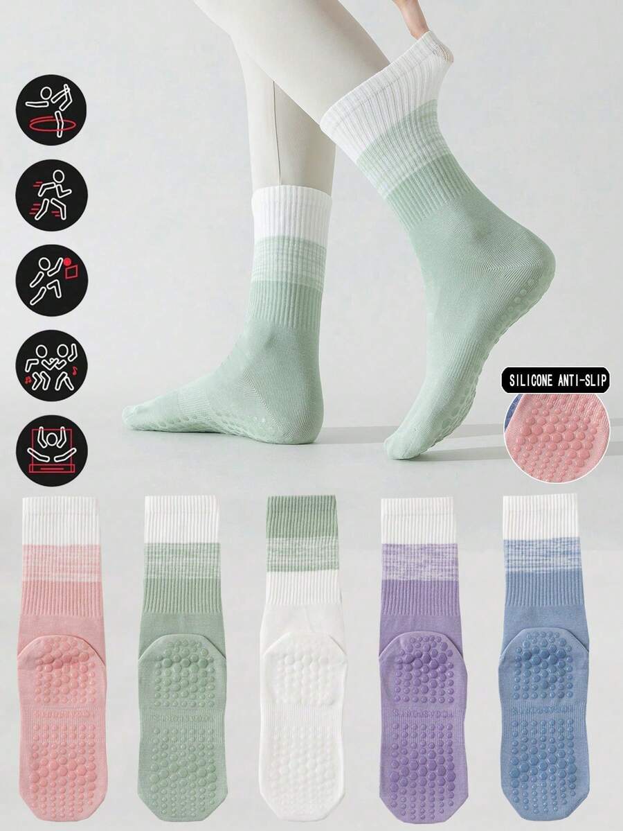 5 Paar Damen Farbverlauf Yoga Pilates Sport Socken, Silikon rutschfeste Tanzsocken, geeignet für Indoor Fitness Aerobic Sport Laufen, elastischer Sportgürtel Griff passend zu Sportbekleidung Yoga Hosen Mittellange Socken - Verschiedenfarbig - Übersicht 1