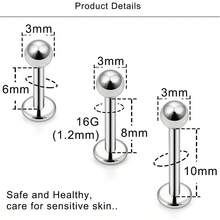 6 PCS Labret Piercing G23 Titanium ASTM-F136 Monroe Lip Stud Bar Earring Helix Cartilage Tragus Body Jewelry 16G 6/8/10mm - Silver - View 2