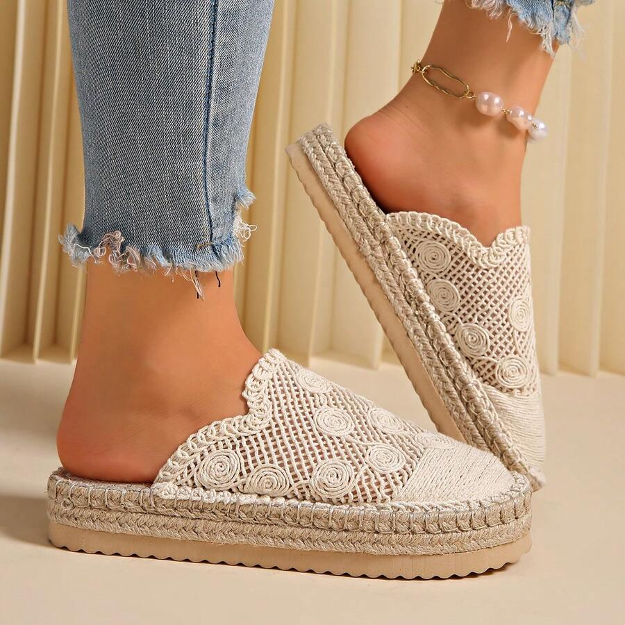 1 Pair Women's Woven Mesh Pattern Thick Sole Breathable Lightweight Sandals, Versatile For Summer - Beige - View 1