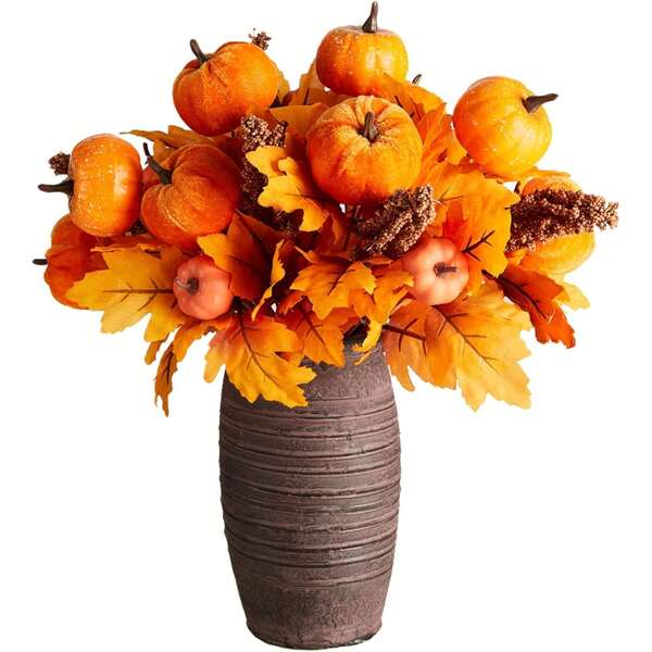 1 pieza Ramo artificial de calabaza de 35cm con calabaza, hojas de arce y espigas de trigo, adecuado para otoño, Acción de Gracias, festival de la cosecha, decoración de Halloween, decoración del hogar, decoración de la sala de estar, centro de mesa, decoración de otoño, otoño, plantas falsas