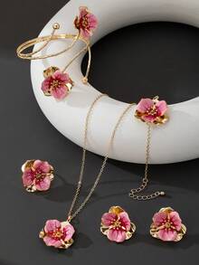 1pc Handmade Tie Dye Gradient Pink Double Layer Asymmetrical Flower Pendant Necklace, 1 Pair Earrings, 1 Ring, 1 Bracelet, 1 Bangle Women Jewelry Set (No Gift Box) - Pink - View 4