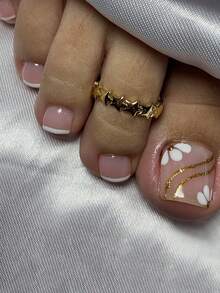 24Pcs Square Toenails Flower Gold Powder White French Tip Press On Nail Short Almonds Perfect Fit Acrylic False Nails Set, Include: 1Jelly Glue And 1 Nail File, Suitable For Women And Girls Daily Life And Party Use Nail Supplies Nails - View 2