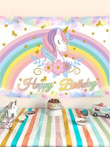 1pc Rainbow Unicorn Birthday Polyester Banner 100x150cm | Waterproof Background Cloth For Unicorn Theme Party Decor | Indoor Outdoor Fence Hanging Fabric | Wall Decor Cake Table Backdrop - Pink - View 8