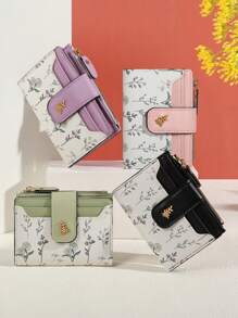 MADLEY 优雅花卉印花金属纽扣女士小钱包钱夹迷你钱包钱包秋季小钱包可爱钱包 - 黑色 - 查看 2