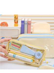 Large Size Japanese Style Canvas Pencil Case With Transparent Window - Essential For Daily Office Use - Multicolor - View 3