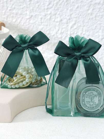 20 件蝴蝶结透明硬质薄纱袋，深绿色蝴蝶结透明软质薄纱袋，3.9x4.7 英寸珠宝袋，玫瑰抽绳袋，婚礼礼品袋，绿色派对礼品袋，圣诞节小礼品袋，返校、生日礼物，房间整理