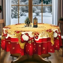 1 pieza Mantel de poliéster con tema navideño, diámetro redondo de 145 cm (57.08 pulgadas), rectangular de 140x180 cm (55.11 pulgadas x 70.87 pulgadas), mantel navideño con diseño de mochila de Papá Noel, copos de nieve y fondo rojo, adecuado para el hogar, restaurante, cocina o fiesta festiva, decoración navideña para la mesa del comedor
