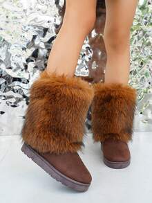 Women's Snow Boots Y2K Solid Color 2025 New Autumn/Winter Non-Slip Plus Size Slip-On Fluffy Faux Fox Fur Boots Thick Warm Fashionable Minimalist Sexy Luxury Slim Fuzzy Shoes Elegant Faux Fur Patchwork Party Brown
