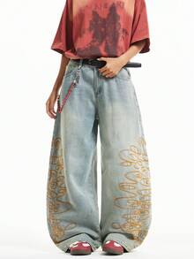 1pc Justice Brother Casual Loose Fit Distressed Embroidered Wide Leg Jeans For Men (Belt And Accessories Not Included) - Blue - View 1