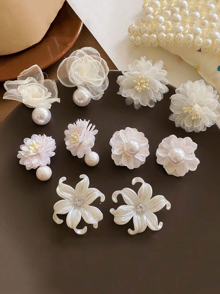 1 套简约优雅人造珍珠花瓣可爱清新优雅高端设计耳环首饰套装，适合女性日常和节日佩戴 - 彩色 - 查看 6