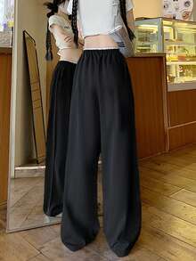 撞色丝滑阔腿裤女夏季薄款纹理直筒休闲裤 - 黑色 - 查看 3