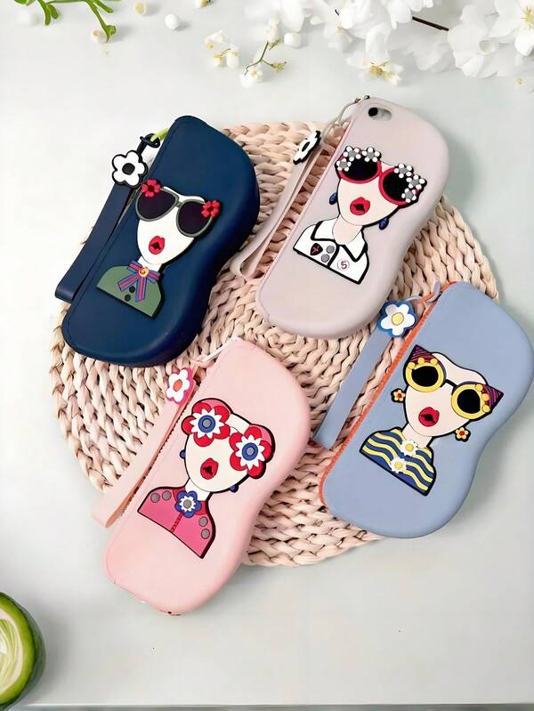 Unisex Silicone Eyeglasses Case With Lanyard Eyeglasses Pouch - Cute Cartoon Design, Shockproof Silicone Eyeglasses Storage Case With Scratch Resistant Mirror Surface, Zipper Closure, Dust Proof Storage Case, Fashionable Eyeglasses, Lipsticks And Earphones