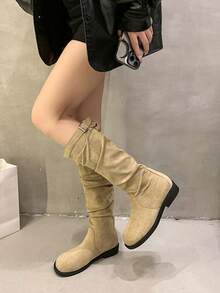 Botas de Bico Quadrado para Mulheres, Botas de Cano Alto Estilo Britânico, Botas de Primavera/Outono, Botas Versáteis de Moda Estilo Ocidental para Mulheres de Baixa Estatura, Botas Plissadas Acima do Joelho para Senhoras