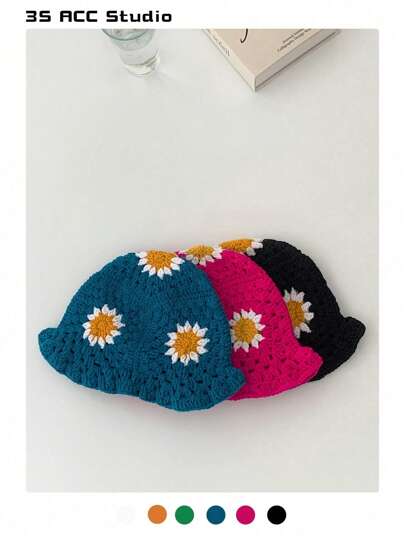 1pc Vintage Floral Handmade Knitted Bucket Hat, College Style, Breathable, Suitable For All Seasons, Bucket Hat,
