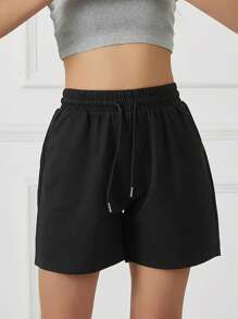 3 件纯色休闲短裤，抽绳松紧腰跑步健身短裤，女士运动服 - 黑色 - 查看 3