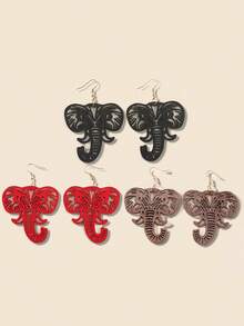 3 对/套镂空动物大象图案吊坠木质耳环，休闲独特，适合女士 - 多色A 3對/套 - 查看 2