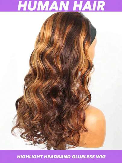 头带假发 棕色挑染头带假发 女士渐变色波浪头带假发 长波浪假发带头带 4/27 26 28 30 英寸无胶半假发