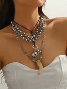 1 pieza Nuevo collar colgante de cuerno de animal multicapa apilado, diseño exagerado de lujo, joyería de moda para mujeres - Plata antigua - Ver 4