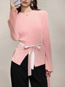 Damen elegantes T-Shirt mit rundem Ausschnitt, gerippter Optik, Schleifenvorderseite und asymmetrischem Saum, Weite Ärmel, Herbst