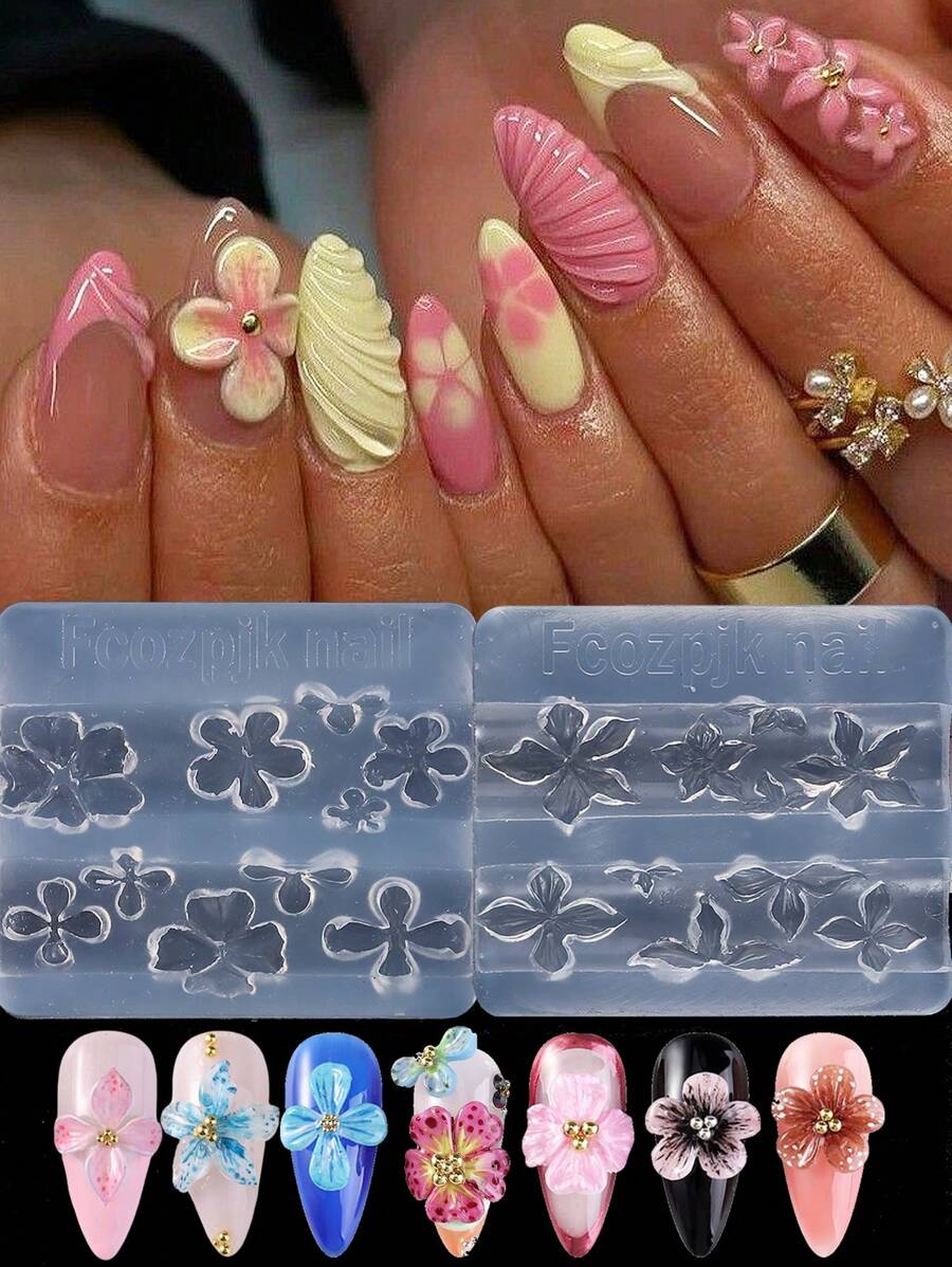 芙蓉花和百合花指甲雕刻模具 2 件可爱浮雕 Y2K 芙蓉花百合花花瓣饰物图案设计模板 DIY 美甲脱模工具 美甲用品、美甲用品、美甲工具、美甲工具、返校、指甲、按压指甲用美甲工具