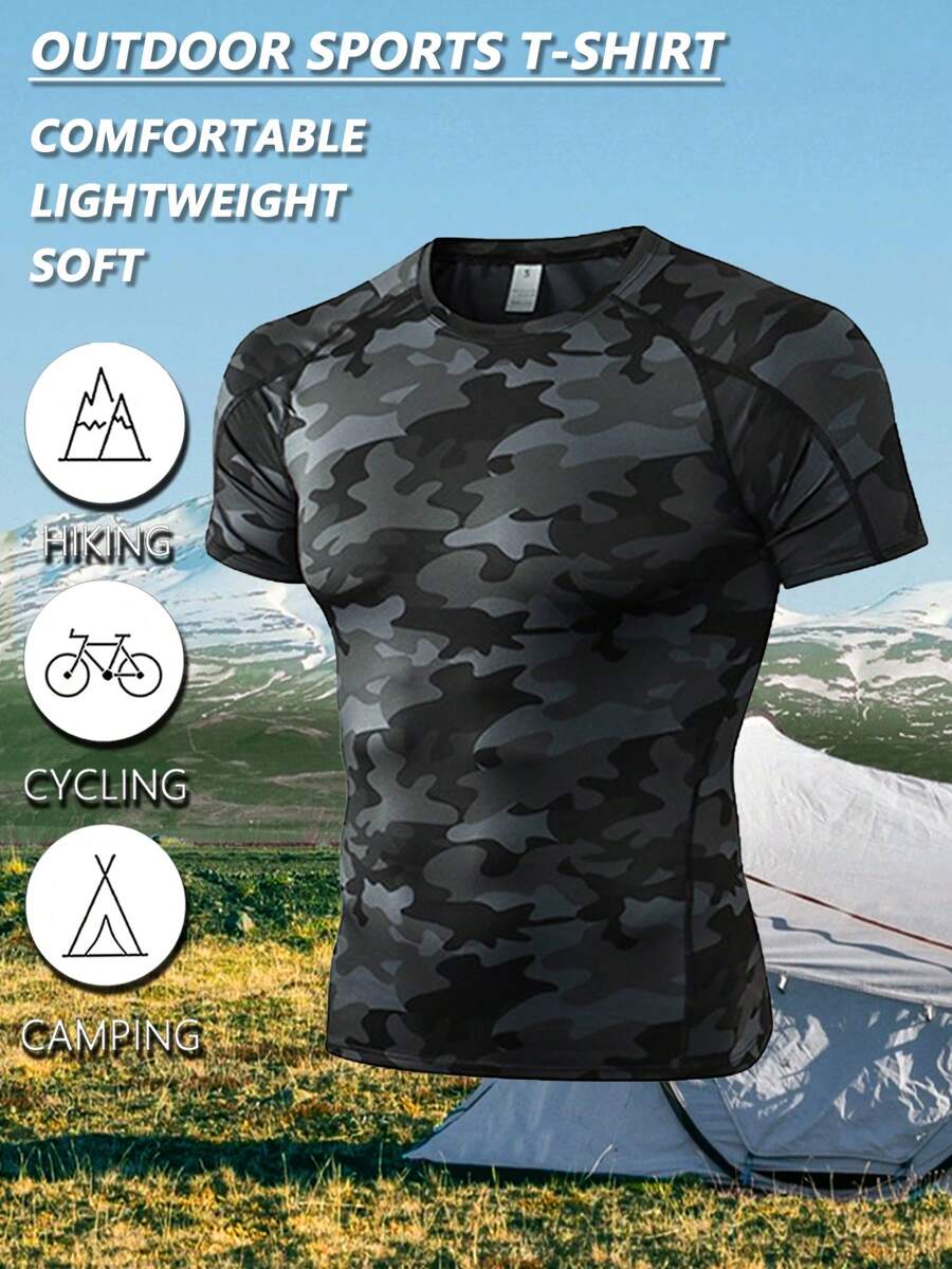 一件运动跑步迷彩健身男士基本款短袖柔软轻便速干透气高弹力适合户外运动骑行篮球足球钓鱼登山露营健身房