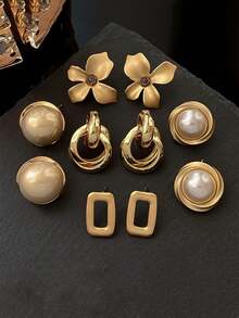 طقم أقراط معدنية هندسية زهرية عصرية على الطراز الأوروبي والأمريكي، أقراط جديدة بخرز مصطنع بطراز بسيط وأنيق، مناسبة للاستخدام اليومي والمناسبات للنساء - البدلة أ - مشاهدة 1