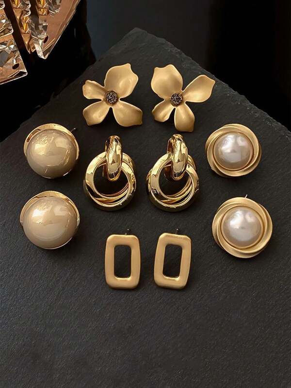 1 Set modische europäische & amerikanische Metall geometrische Blumen Ohrstecker, Kunstperlen neuer minimalistischer Retro Luxus Ohrringe Set, einfache elegante Ohrringe geeignet für den täglichen Gebrauch und Festtage der Frau