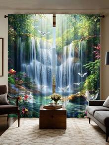 2pcs Nature Style Waterfall & Forest Landscape Blackout Curtains, Polyester, With Rod Pocket, Modern Design, Machine Washable, Suitable For Bedroom And Multiple Rooms - Multicolor 2 - View 2