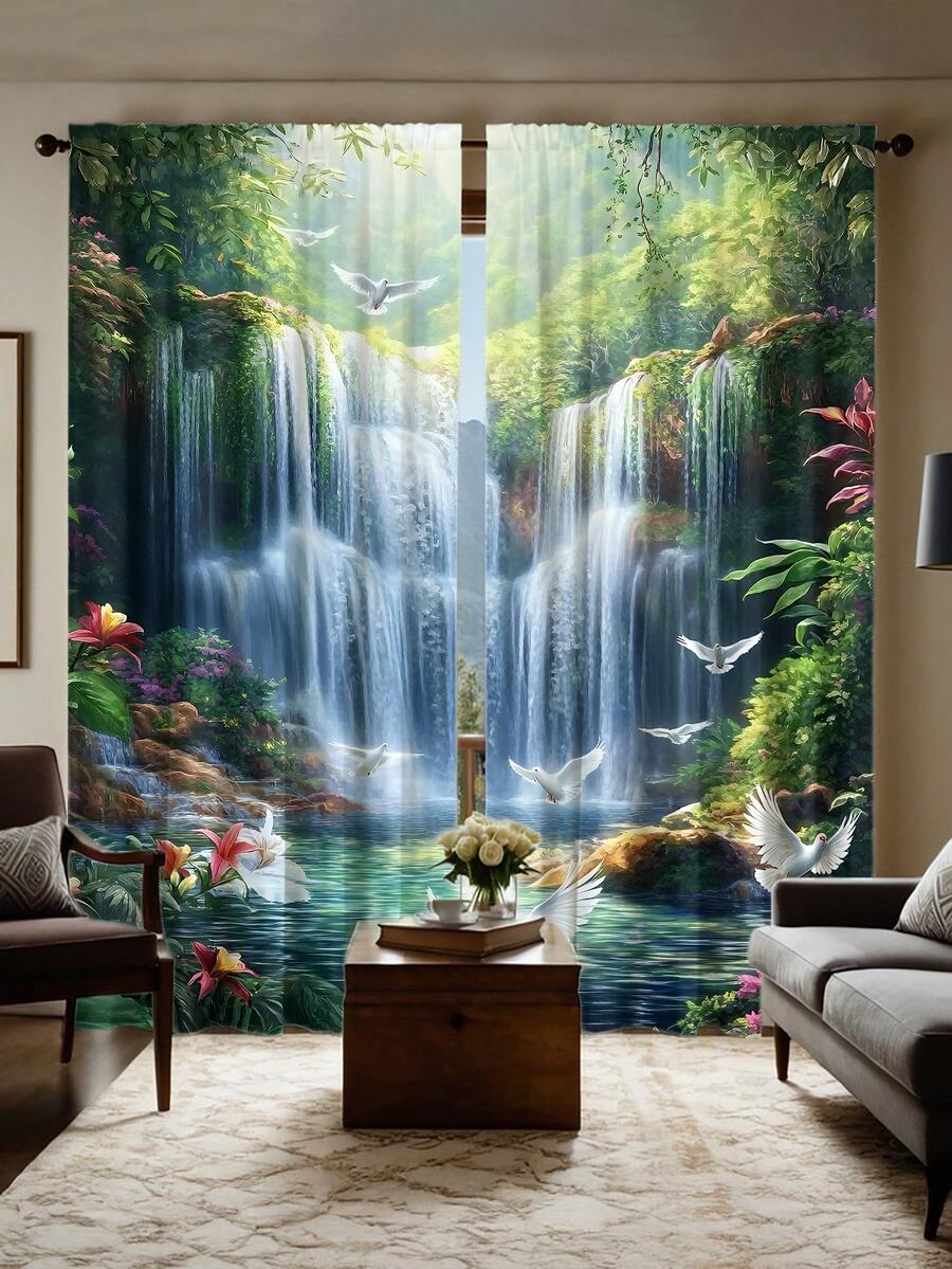 2pcs Nature Style Waterfall & Forest Landscape Blackout Curtains, Polyester, With Rod Pocket, Modern Design, Machine Washable, Suitable For Bedroom And Multiple Rooms