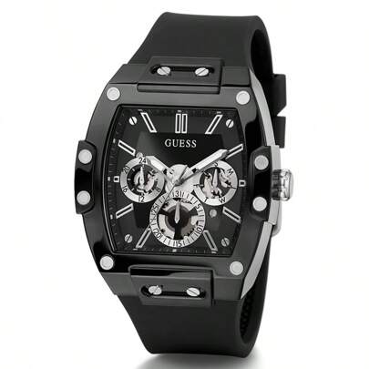 Guess Reloj de cuarzo multifunción para hombres Phoenix GW0203G3 con correa de silicona negra y esfera tonneau, reloj casual adecuado para uso diario, estilo deportivo y elegante, regalo ideal para hombres, novio, regalo de Navidad