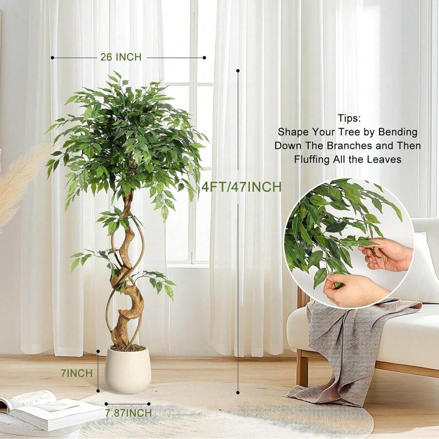 Artificial Ficus Tree, Curved Tree Trunk, 120cm/150cm/180cm Artificial Plants Large With White Pot, Artificial Tree For Indoor Decor Living Room Bedroom Office Garden House Decor