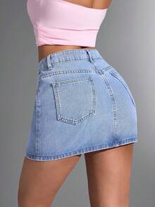 Jeanoix Women Summer Casual Slim Fit Washed Denim Mini Skirt - Medium Wash - View 2