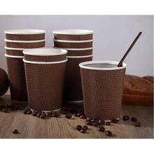 HOT BARGAINS 100 X 8oz / 230ml Disposable Coffee Cups With Lids Leak Proof Triple Layered Ripple Paper Cups Takeaway Cups For Hot And Cold Drinks - Coklat - View 3