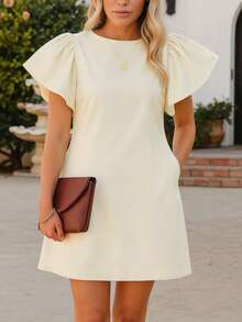 Elegant Palace-Style Beige Cap Sleeve Dress, Solid Color Casual Crepe Fabric With Pleated Ruffle Hem, Layered Cake Dress For Women, Suitable For Home, Dates, Daily Wear, Spring & Summer - Beige - View 1