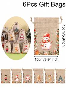 6 pezzi Borse regalo in juta con motivi natalizi ad acquerello, con laccetti, con disegni misti di Babbo Natale, Schiaccianoci e soldato, borse in lino riutilizzabili per feste, ideali per confezioni regalo, baby shower, decorazioni natalizie per la casa 2025, borse multiuso per regali Capodanno 2026