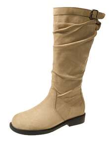 Botas de Bico Quadrado para Mulheres, Botas de Cano Alto Estilo Britânico, Botas de Primavera/Outono, Botas Versáteis de Moda Estilo Ocidental para Mulheres de Baixa Estatura, Botas Plissadas Acima do Joelho para Senhoras