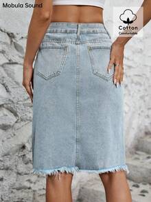 Middle East Spring/Summer Casual Vacation Y2K Campus Fashion Split Hem Denim Midi Skirt, Suitable For Young Women And Students - Blue - View 7