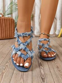 Women's Wide Fit Criss-Cross Strap Flat Sandals, Fashion Minimalist Casual Buckle Sandals, Elegant Lightweight Luxury Fairy Style Outdoor Beach Sandals - Blue - View 2