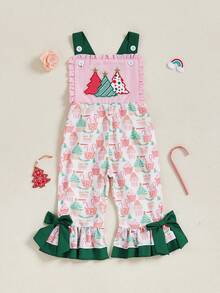 Baby Girls Christmas Overalls Tree Embroidery Print Sleeveless Jumpsuit Suspender Pants For Kids Toddler