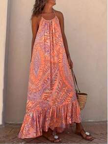 Women's Halter Neck Tie - Dye Maxi Dress, Sleeveless, Ruffled Hem, Loose Fit, Bohemian Style, Perfect For Beach & Vacation, Lightweight & Flowy - 橘色 - 查看 3